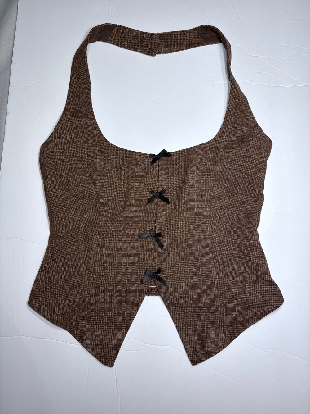 Edikted Brown Plaid Halter Corset Top with Black Bow Accents